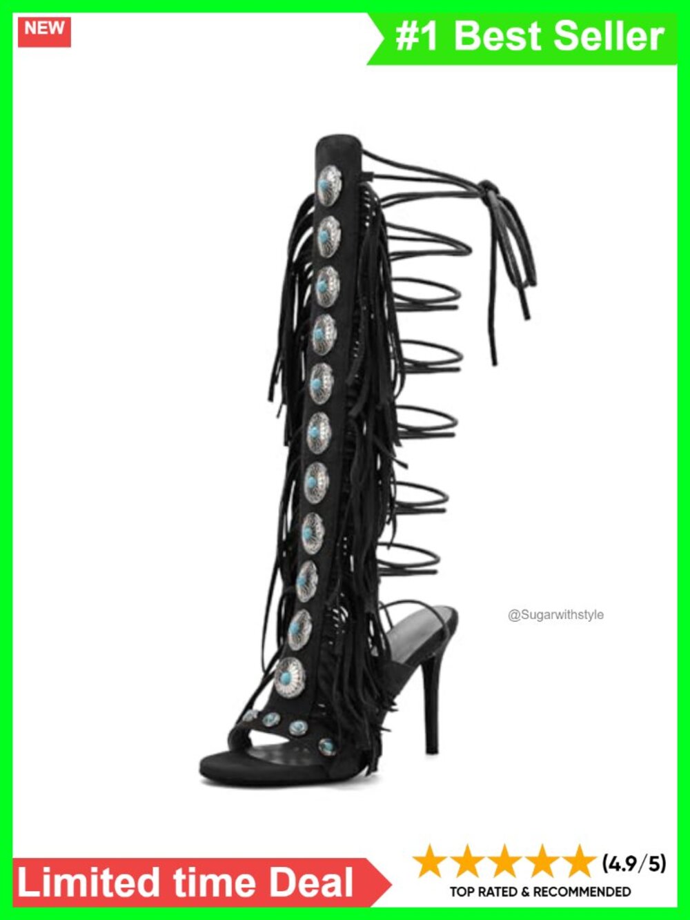 Gladiator Heels Open Toe Lace Up Suede Fringe Knee High Dress Sandals